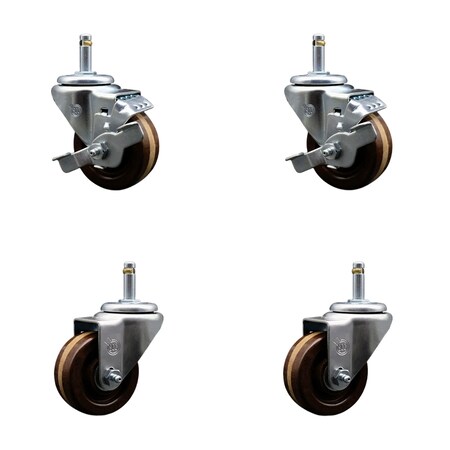 Service Caster 3 High Temp Phenolic Wheel Swivel 7/16'' Grip Ring Stem Caster Set 2 Brakes, 4PK SCC-GR20S314-PHSHT-716138-2-TLB-2